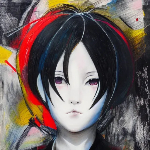 Prompt: Realistic oil painting of an anime girl with short white hair and black eyes wearing tuxedo in the style of Yoshitaka Amano, abstract black and white background with lines, Renaissance oil painting