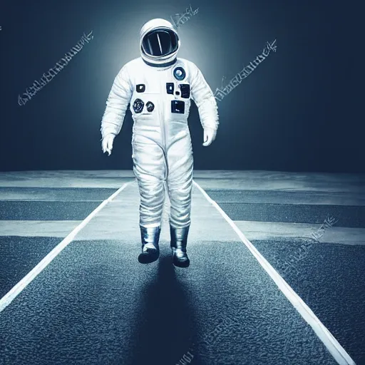 Image similar to mysterious man in silver space suit, walking on an industrial catwalk with stairs that lead nowhere, floating in deep space with a black background, photograph, wide angle