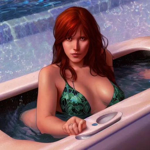 Image similar to mary jane watson in a swimsuit, relaxing in a hot tub, cg animation, riot entertainment, arcane, realistic, character select portrait, by artgerm, greg rutkowski, alphonse mucha, 3 d