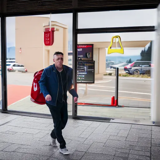 Image similar to Scott Morisson leaving Engadine McDonalds in a hurry, Canon EOS R3, f/1.4, ISO 200, 1/160s, 8K, RAW, unedited, symmetrical balance, in-frame