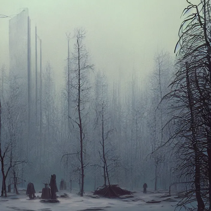 Image similar to a beautiful painting of winter in pripyat by simon stalenhag and zdzisław beksinski and rene magritte and greg rutkowski, in style of digital art. hyper detailed, sharp focus, soft light. unreal engine 5. ray tracing. trending on artstation