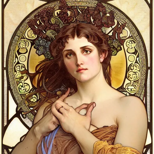Prompt: realistic detailed face portrait of Aphrodite by Alphonse Mucha, Greg Hildebrandt, and Mark Brooks, gilded details, spirals, Neo-Gothic, gothic, Art Nouveau, ornate medieval religious icon