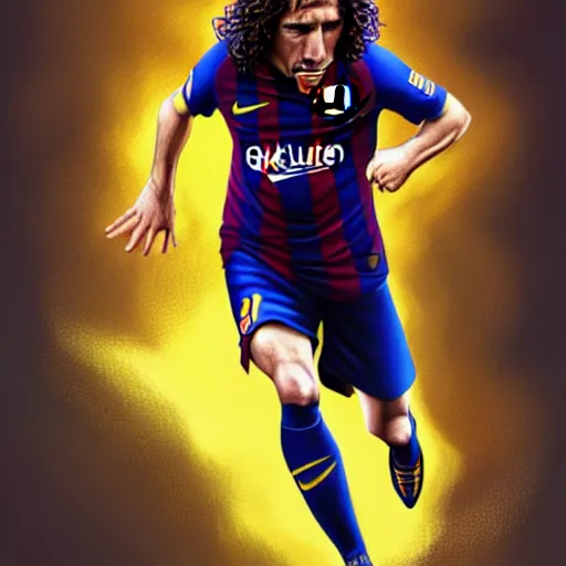 Image similar to Carles Puyol, Fc Barcelona captain, defending his club, D&D, fantasy, intricate, elegant, highly detailed, digital painting, artstation, concept art, matte, sharp focus, illustration, art by Artgerm and Greg Rutkowski and Alphonse Mucha