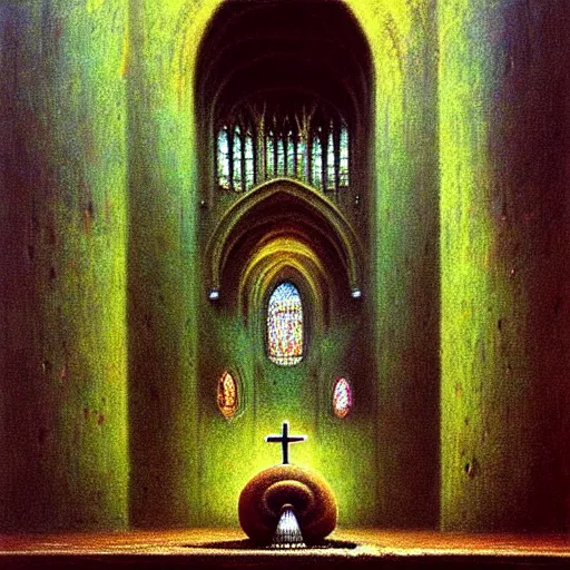 Image similar to a holy snail stands in a cathedral painting by beksinski, barlowe colors. masterpiece painting