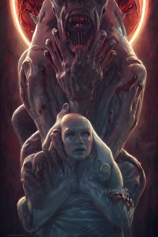 Image similar to beautiful cinematic horror poster, hybrid from Doom and art direction by Drew Struzan ;by artgerm; wayne reynolds art station; cinematic quality character render; low angle; ultra high quality model; production quality cinema model;