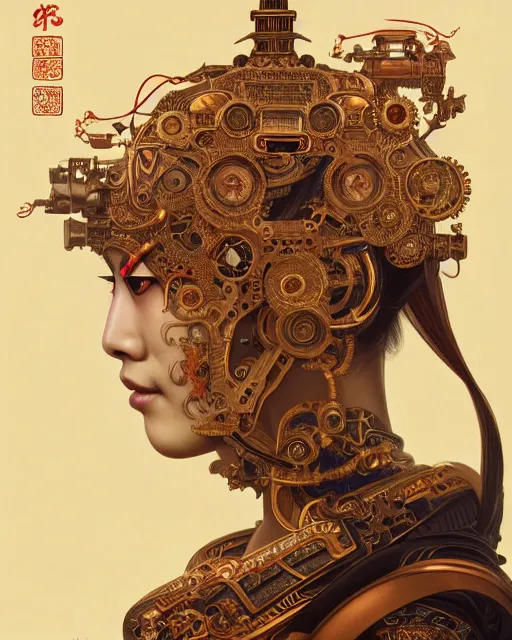 Image similar to portrait of a machine, machine face, upper half portrait, decorated with chinese opera motifs, asian, bian lian, traditional chinese art, intricate, elegant, highly detailed, symmetry, digital painting, artstation, concept art, smooth, sharp focus, illustration, art by artgerm and greg rutkowski and alphonse mucha, 8 k