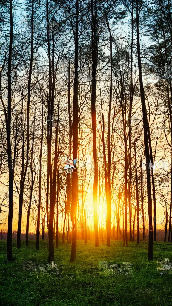 Image similar to beautiful sunset with tons of aligned trees, epic stock photo