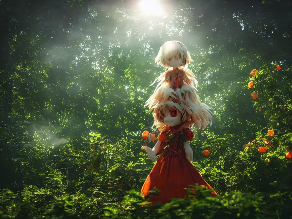 Prompt: cute fumo plush girl among vines in the middle of a lush rose garden, glowing ethereal gothic wraith plantgirl, tattered green dress, smoke and orange volumetric fog, blue sky sunshine lens flare, bokeh, vray