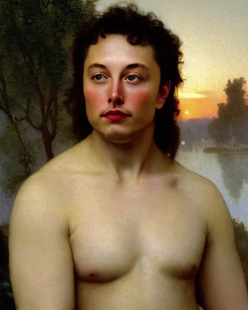 Image similar to beautiful glorious realistic oil painting of young elon musk, bokeh, baroque style by bouguereau, sunset, highly detailed, 8 k intricate