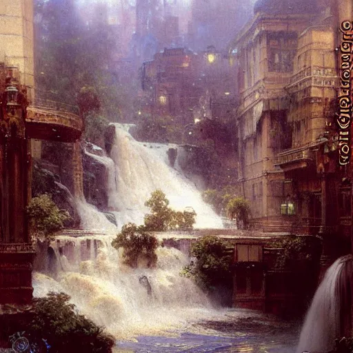 Image similar to waterfall flooding an entire city. victorian age. highly detailed painting by gaston bussiere, craig mullins, j. c. leyendecker