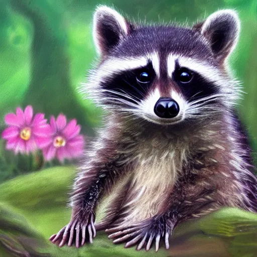 Image similar to cute baby raccoon sitting in magical forest detailed painting 4 k