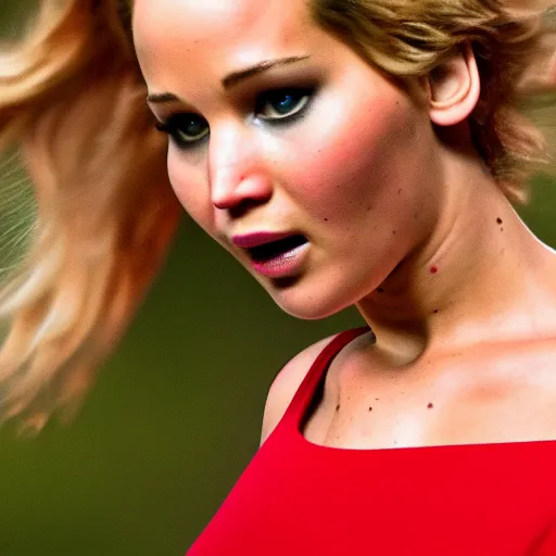 Prompt: 4 k highly detailed portrait face photography of jennifer lawrence farting hard wearing a red dress 0