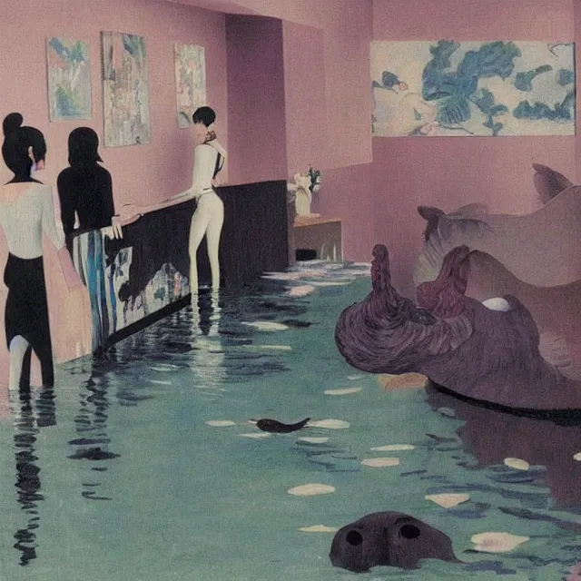 Image similar to tall female emo artists in their flooded apartment, painting of flood waters inside an artist's home, a river flooding indoors, pomegranates, pigs, ikebana, water, octopus, river, rapids, waterfall, black swans, canoe, berries, acrylic on canvas, surrealist, by magritte and monet