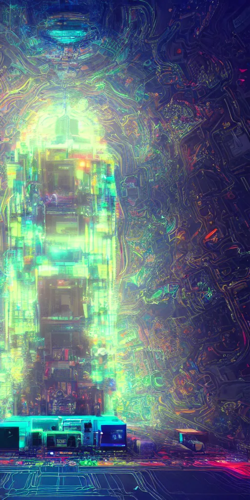 Image similar to impossibly beautiful monolithic shrine to technology that extends to the heavens, people charge their devices and worship at the base of the shrine, intricate complexity, horror, rainbow drip paint, psychedelic glitch art, trending on art station, photoreal, 8k, octane render