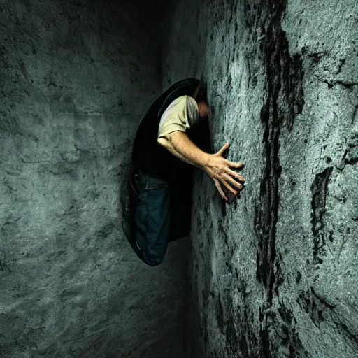 Prompt: man clinging to the wall of a deep dark cold well cinematic 3 5 mm realistic 8 k