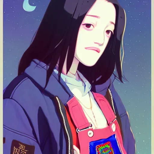 Image similar to a beautiful boyish kat dennings alluring gravure model, wearing oversized mayan bomber jacket and leotard with overalls, bulky poofy aztec native style bomber jacket with mayan patterns, gapmoe yandere grimdark, trending on pixiv fanbox, painted by greg rutkowski makoto shinkai takashi takeuchi studio ghibli, akihiko yoshida