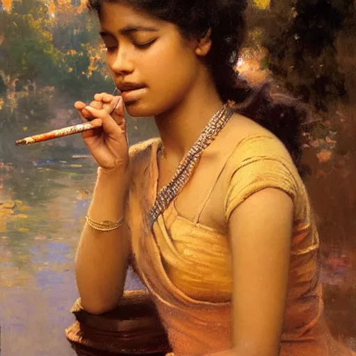 Image similar to detailed portrait of sri lankan girl smoking joint, girl graceful, eyes closed, painting by gaston bussiere, craig mullins, j. c. leyendecker