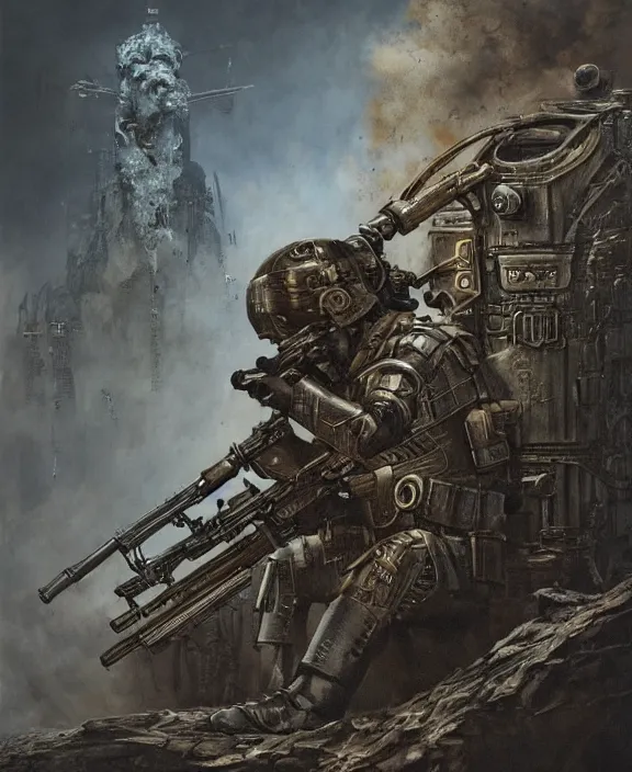 Prompt: a soldier in steampunk armour firing his gun in a deadly world war, by HR Giger and Beksiński and Stephan Martiniere , 4k resolution, detailed, trending on artstation