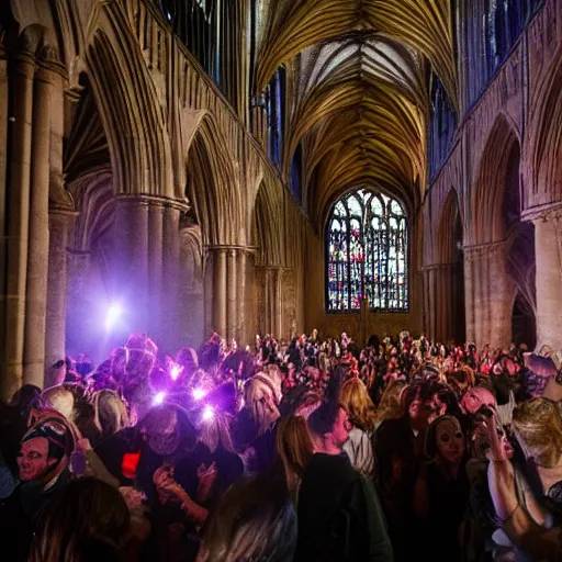 Image similar to 9 0 s rave inside exeter cathedral. flash photography