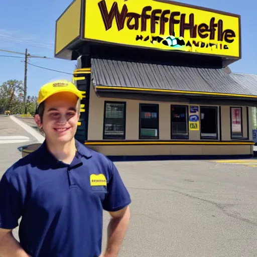 Image similar to wafflehouse employee's standing below wafflehouse sign, employees uniform is blue and black with yellow name tags