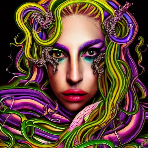 Image similar to an extremely psychedelic portrait of lady gaga as medusa, surreal, lsd, face, detailed, intricate, elegant, lithe, highly detailed, digital painting, artstation, concept art, smooth, sharp focus, illustration,