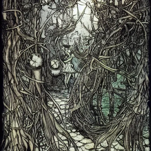 Image similar to fantastic underwater world, environment, building, faerie magic, cast iron fence, thorns, briarwood, overgrown, by Arthur Rackham,full colour, extremely detailed