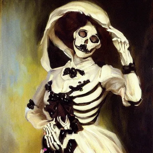 Image similar to painting portrait young woman skeleton, hello kitty, elegant, highly detailed, art by Singer Sargent