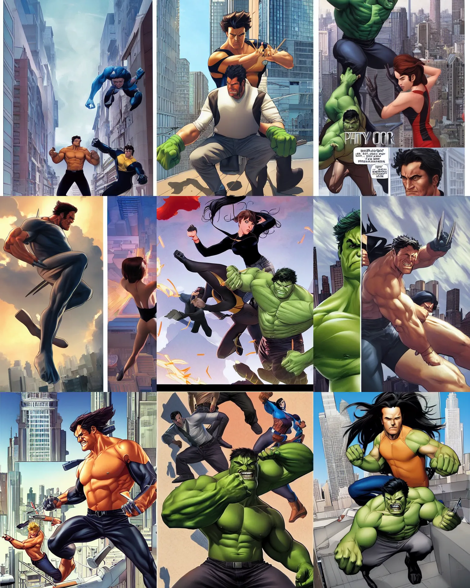 Prompt: phil noto comicbook cover art, artgerm, wolverine vs the hulk, city rooftop