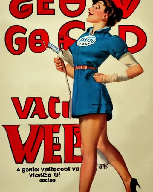 Prompt: A vintage ad for getting vaccinated that reads 'get vax', featuring a nurse holding a syringe, by Gil Elvgren, Julie Bell, krenz cushart, Greg Hildebrandt and Randolph Stanley Hewton