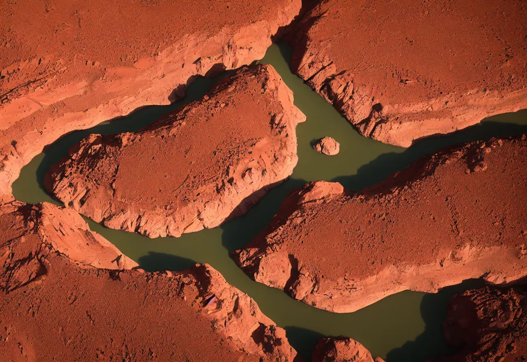Prompt: a dried up river bend running through a canyon surrounded by desert mountains at sunset on mars, planet mars, moab, utah, a tilt shift photo by frederic church, trending on unsplash, hudson river school, photo taken with provia, national geographic photo