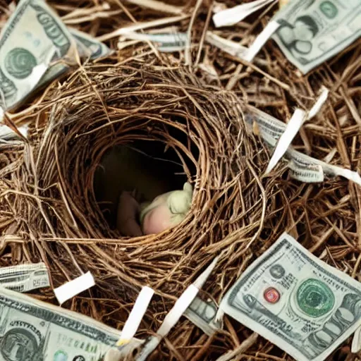 Image similar to dollar bills weaves together to make a birds nest. a crying baby lays in the middle.