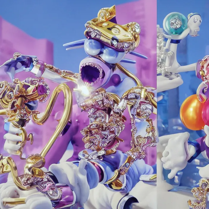 Image similar to jeff koons hip hop bauhaus style street sharks sailor moon wearing diamond grillz and a ton of bussdown iced gold bling in wallace & gromit strata - cut claymation, ultra realistic, concept art, intricate details, serious, highly detailed, photorealistic, octane render, 8 k, unreal engine, art by greg rutkowski and alphonse mucha