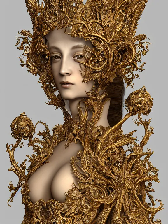 Image similar to a beautiful render of baroque catholic veiled queen sculpture with symmetry intricate detailed,by Ekaterina Belinskaya,Nekro , peter gric , aaron horkey , Billelis,Trending on artstation,ZBrush,fractalism,maximalism,glittering,gold,ivory,fire,hyperreal