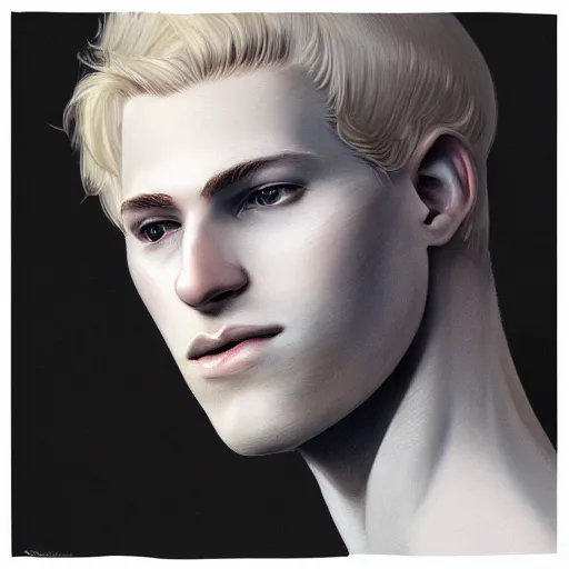 Image similar to A pregnant blond androgynous man with closed eyes smiling, very detailed sharp angular pale white masculine face, (12x) extremely pale white skin, hooked nose and square jaw long fluffy curly blond hair, light blond hair, gorgeous, beautiful, intricate, highly detailed, digital painting, artstation, concept art, sharp focus, illustration, art by greg rutkowski and alphonse mucha