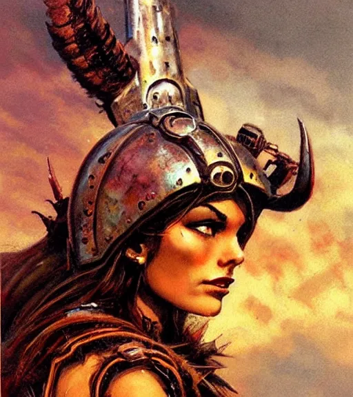 Image similar to mighty princess of the wasteland, scrap metal headdress, strong line, deep color, cloudy sky, beautiful! coherent! by brom, by frank frazetta, low angle