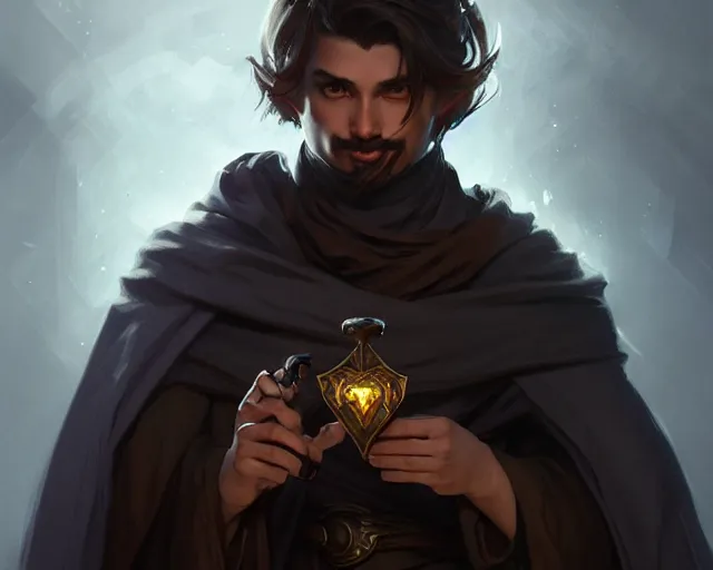 Prompt: young shadow mage male, holding a pipe, shrouded face, deep focus, d & d, fantasy, intricate, elegant, highly detailed, digital painting, artstation, concept art, matte, sharp focus, illustration, hearthstone, art by artgerm and greg rutkowski and alphonse mucha