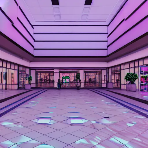 Image similar to vaporwave 9 0 s dreamy empty shopping mall, highly detailed, 3 d render, vray, octane, realistic lighting, photorealistic