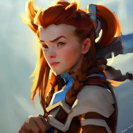 Image similar to greg manchess portrait painting of a aloy as overwatch character, medium shot, asymmetrical, profile picture, organic painting, sunny day, matte painting, bold shapes, hard edges, street art, trending on artstation, by huang guangjian and gil elvgren and sachin teng