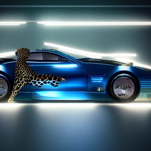 Image similar to metallic jaguar with glowing blue eyes, octane render