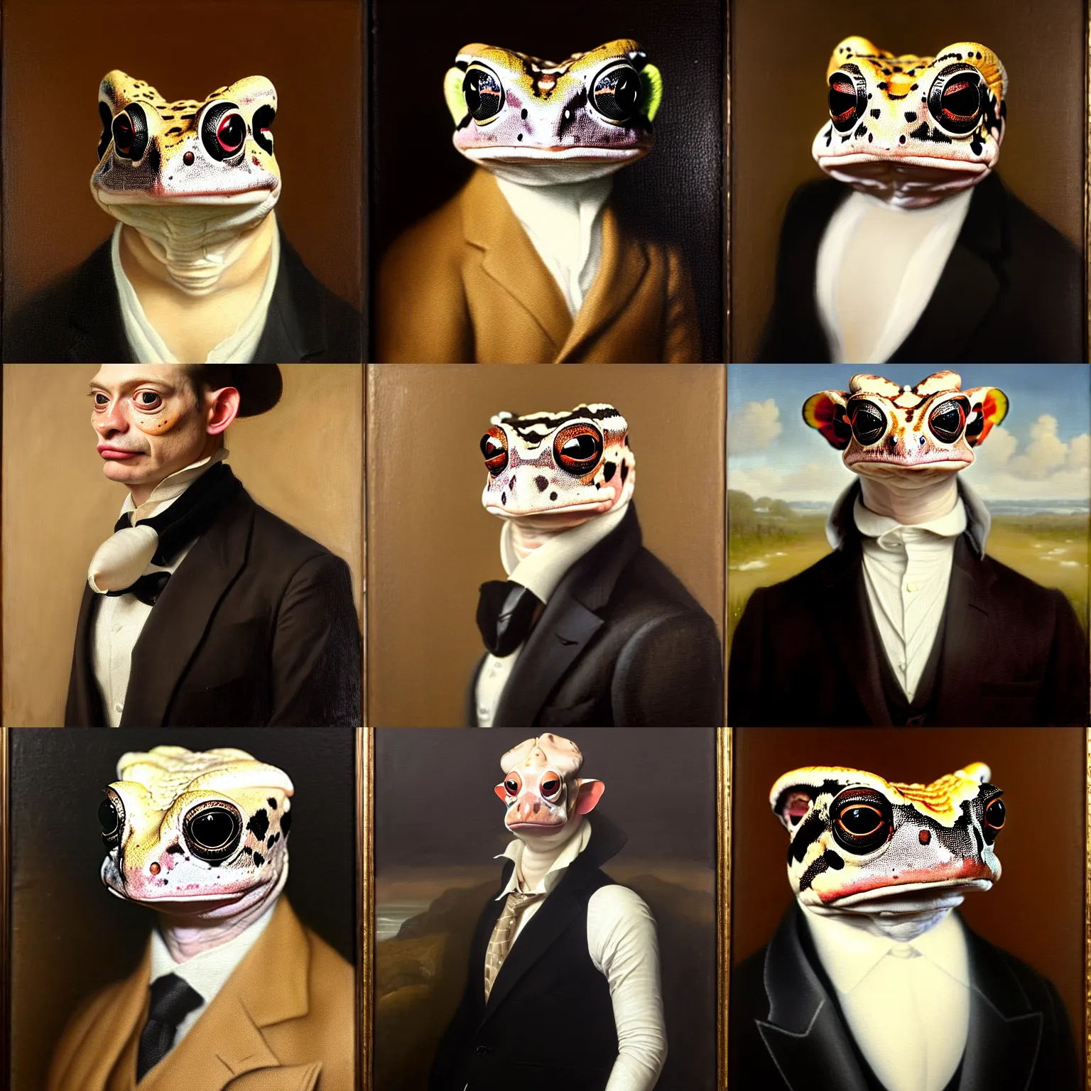 Image similar to a head - and - shoulders portrait of an amazon milk frog looking off camera wearing a black suit jacket, tan vest, and white ascot, an american romanticism painting, a portrait painting, cgsociety, soft focus, oil on canvas