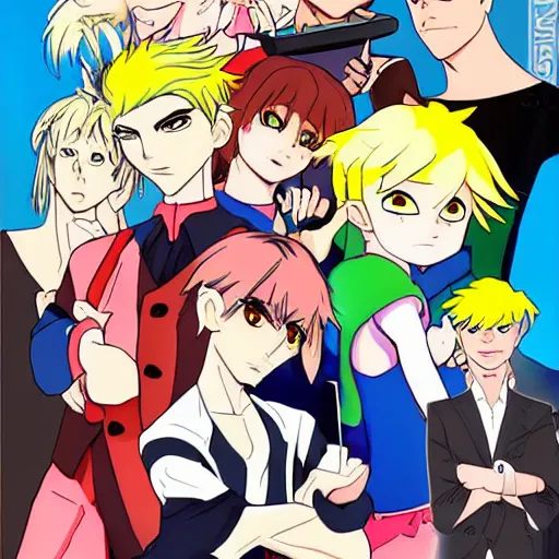 Prompt: the dumbest boy in history, blond boy, 2 0 0 0 s cartoon, sharp edges cartoon, goofy cartoon, unfitting anime girl meets the boy, anime girl and cartoon boy, western artstyle and eastern artstyle clashing badly