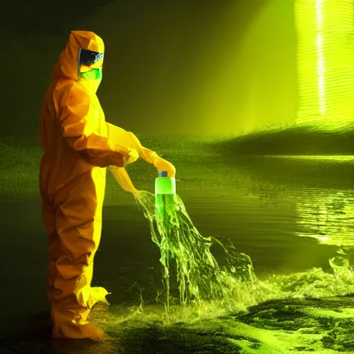 Image similar to a man in a yellow hazmat suit pours glowing green liquid into a magical river, photorealistic painting, concept art, rendering, octane, redshift, cinematic composition, volumetric lighting