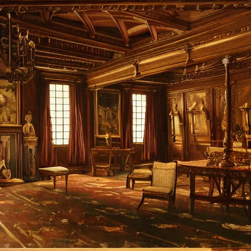 Prompt: interior of a Tudor Mansion Hall, grand and fully furnished, 18th century, highly detailed, atmospheric, cinematic composition and lighting, 8k