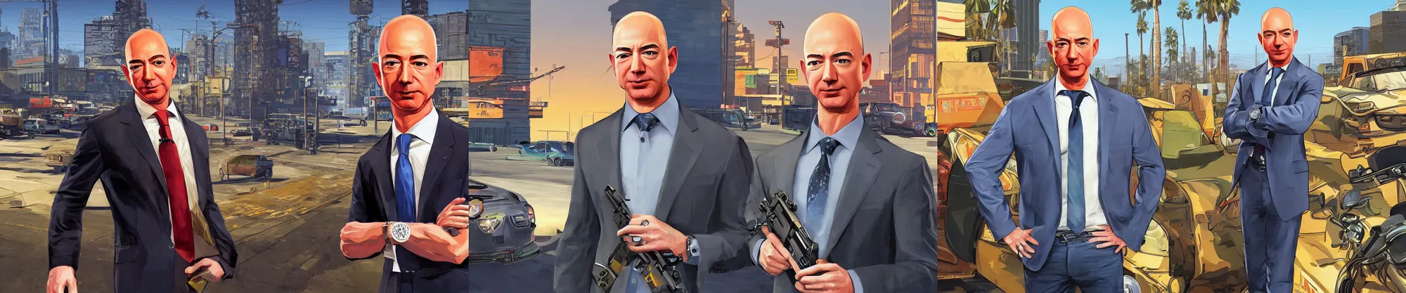 Prompt: Jeff Bezos in GTA V cover art, loading screen art by Stephen Bliss, boxart