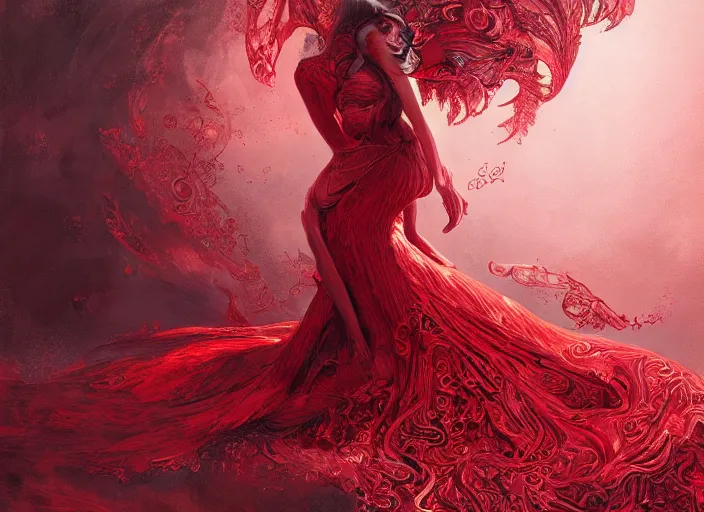 Image similar to woman in love sit upon a scarlet coloured beast, pain, royal dress, light effect, hyper detailed, intricate, atmospheric, elegant, highly detailed, digital painting, artstation, concept art, matte, sharp focus, illustration, by james jean, andrei riabovitchev, marc simonetti, yoshitaka amano