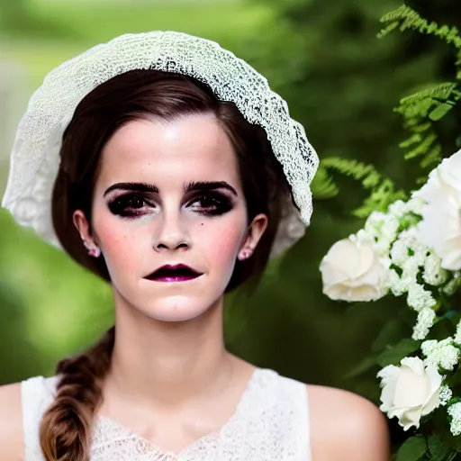 Prompt: wearing raybands full body fashion model emma watson smokey eyes makeup eye shadow fantasy, glow, shimmer as victorian woman in a long white frilly lace dress and a large white hat having tea in a sunroom filled with flowers, roses and lush fern flowers ,intricate, night, highly detailed, dramatic lighting , high quality