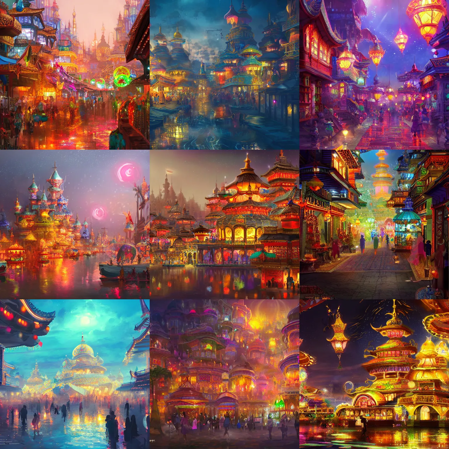 Prompt: A vibrant magical eastern civilization at night, built around ocean, full with people, a lot of lights, huge architectures. Trending on artstation