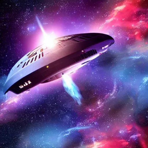 Prompt: A Star Trek spaceship drifitng in space against a nebula background