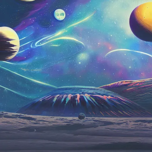 Image similar to space landscape, illustration painting, oil on canvas, intricate, portrait, detailed illustration, hd, digital art, overdetailed art, concept art, complementing colors, detailed, illustration painting by alex gray, digital art, overdetailed art, concept art, complementing colors rendered by beeple, syd meade, cgsociety, rendered in unreal engine