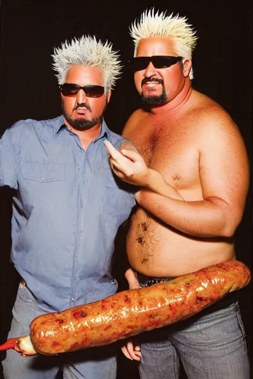 Prompt: beautifully composed, grainy photograph of bemused Guy Fieri holding a huge weiner